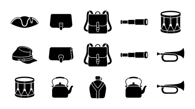 Vintage military equipment icons, set of 15 historical army gear silhouettes, antique soldier supplies and war reenactment vector elements
