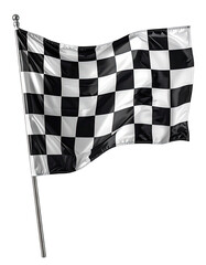 Obraz premium A black and white checkered flag waves on a pole against a black background.