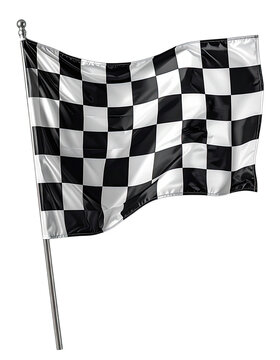 A black and white checkered flag waves on a pole against a black background.
