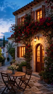 Charming stone cottage in a narrow European village street with blooming red roses climbing the walls, warm glowing windows, a classic lantern, and a small bistro table with chairs