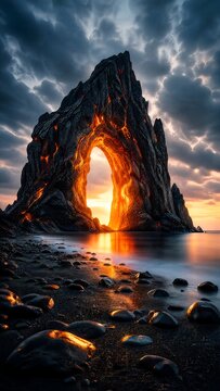 Dramatic volcanic rock arch on a dark pebble beach with glowing orange lava flowing inside the stone structure under a heavy cloudy sky during a moody sunset by the ocean