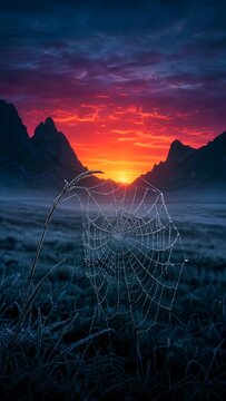 Close up of a dew covered spider web stretched across a blade of grass in a misty field during a vibrant red and orange sunset with dark silhouette mountains in the distance