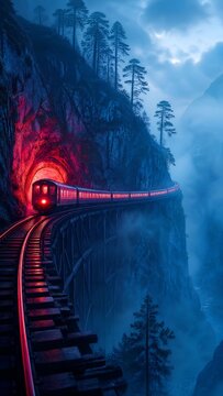 Red passenger train emerging from a glowing tunnel on a high railway bridge along a steep mountain cliff, surrounded by blue mist, pine trees and atmospheric foggy weather