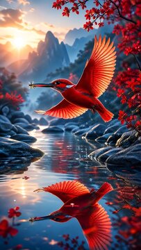 Vibrant red kingfisher bird flying over a calm river with a clear reflection, surrounded by red autumn leaves and distant mountains under a warm golden sunrise sky with soft light