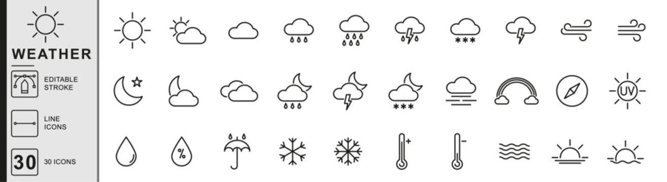 Weather, climate forecast and meteorology icons. Sun, cloud, rain, snow, storm, wind, temperature and seasonal conditions line icon set. Editable stroke. Vector illustrations.