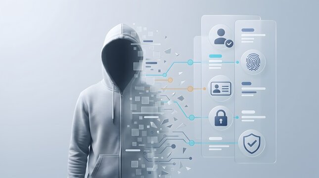 Cybercrime identity theft concept showing anonymous hacker stealing biometric data and personal security credentials