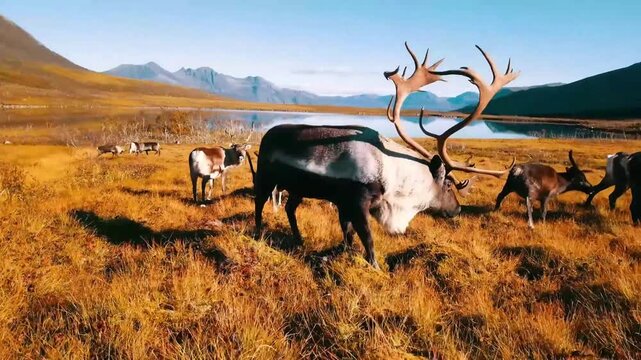 4K Caribou Reindeer Herd in Arctic Tundra with Massive Antlers