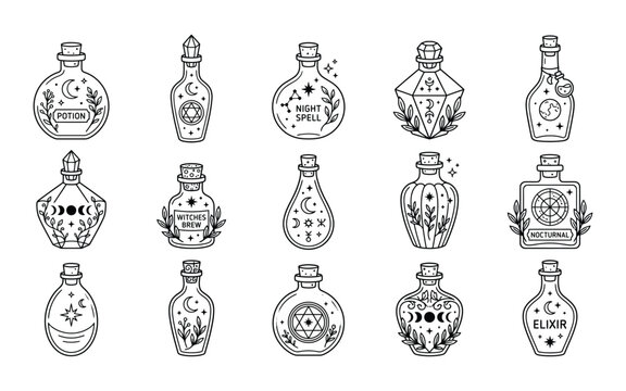Collection of vintage potion bottles for halloween party decor presented in a detailed black and white silhouette