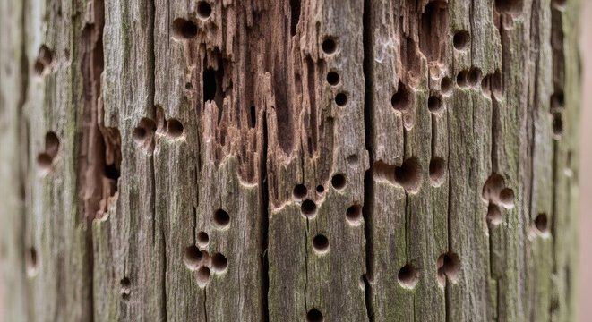 Weathered wood texture showing deep insect holes and decay on a vertical post surface in a natural forest environment setting