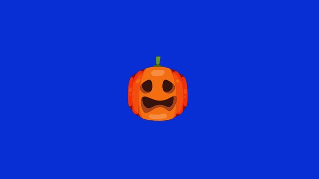 Animated Halloween pumpkin emoji. Spooky jack-o-lantern character on blue background.