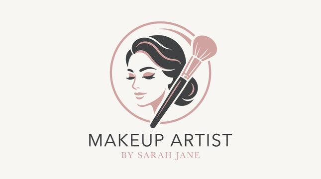 Elegant Woman Face with Makeup Brush Logo, Beauty and Cosmetics Concept, Professional Makeup Artist Branding