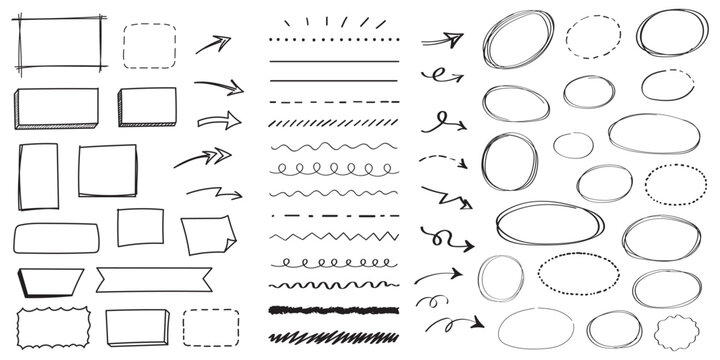 Set of hand drawn red arrows and scribbles for design elements and bullet points on a plain surface