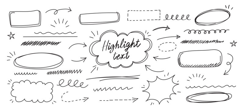 Hand line arrow drawn set. Hand drawn line arrow underline pen marker check highlight red scribble. Star note memo sticker focus checkmark texture background. Vector illustration