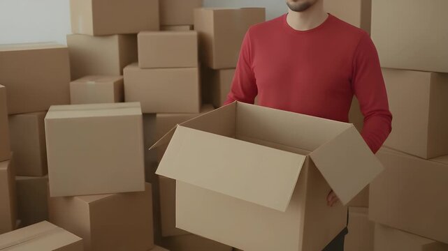 A man in a red sweater holds a large cardboard box in his hands while surrounded by many stacked brown boxes in a storage room