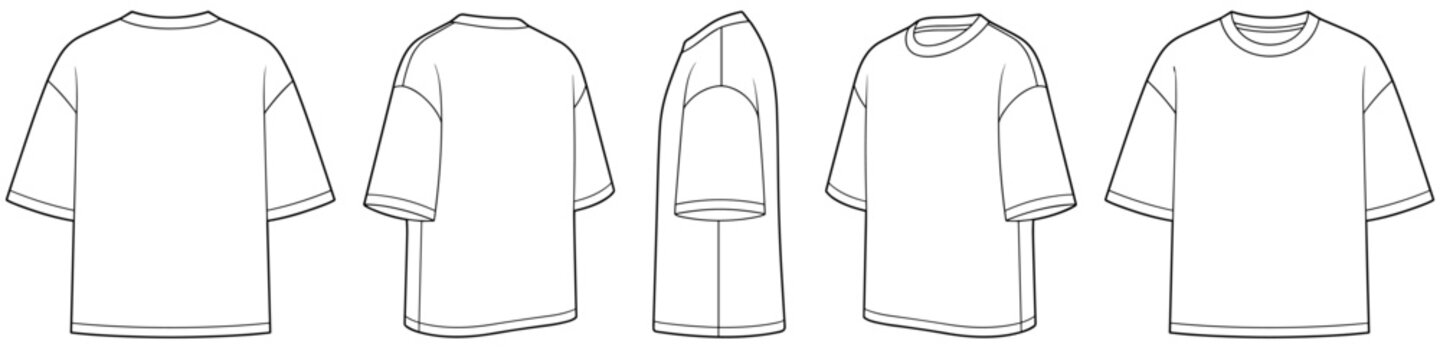Oversized Boxy T-Shirt Technical Drawing Flat Template with Transparent Background Multiple View Angles