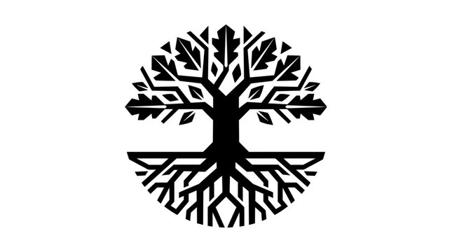 Stylized Black Tree of Life Emblem with Roots and Leaves on White Background, Geometric Design, Symbol of Nature and Growth