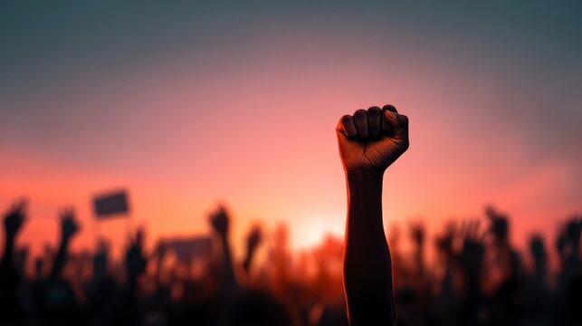 Silhouetted fist raised against a vibrant sunset sky, symbolizing power and unity. Crowd of figures with arms raised in solidarity