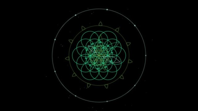 An intricate green geometric pattern emerges from intersecting circles within a circular frame against a dark background.