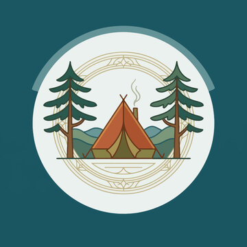 Camping tent with trees in a decorative circular frame design