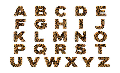 Fototapeta premium Leopard print alphabet letters with fluffy fur texture, isolated on transparent background, png