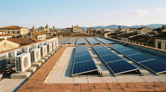A sunlit flat rooftop in a historic southern European city featuring rows of dark blue photovoltaic solar panels and white air conditioning units overlooking terracotta roofs and distant hills under
