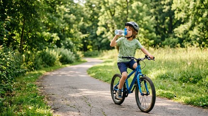 Fototapeta premium Active Young Boy Riding Blue Bicycle Through Lush Green Forest Park Path, Hydrating with Clear Water Bottle While Cycling, Wearing Silver Safety Helmet, Healthy Summer Outdoor Activity