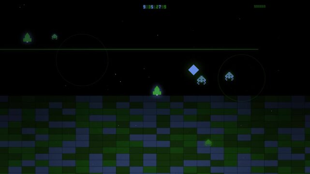 A pixelated landscape features scattered green trees and geometric shapes against a dark night sky with faint stars.