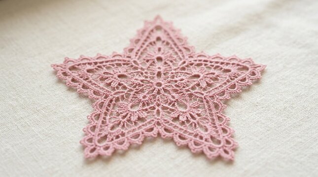 Delicate Pink Lace Star Doily with Intricate Openwork Patterns on Soft Linen Background, Handcrafted Crochet Decoration for Vintage Wedding Table Setting and Shabby Chic Home Decor