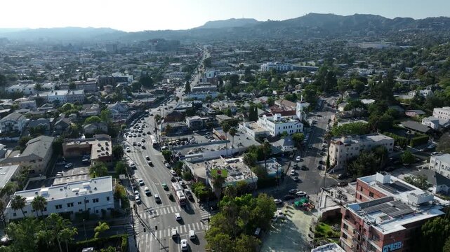 Palm framed aerial view of the historic Silver Lake neighborhood of Los Angeles, California, USA.