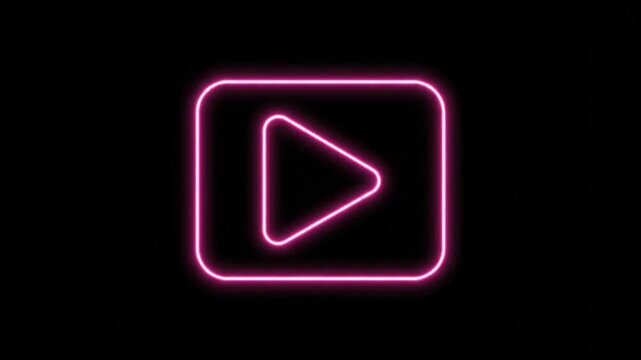 Neon pink play button icon on a black background with a glowing outline for modern media and entertainment.