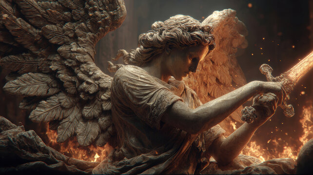 Fantasy wallpaper. A detailed digital artwork depicts an angelic figure in a dynamic pose, wielding a glowing sword. The angel is depicted in a side profile, with its wings spread wide.