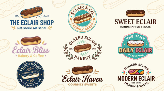 Collection of Modern and Vintage Eclair Shop Logos, Bakery Badges, and Patisserie Branding Designs