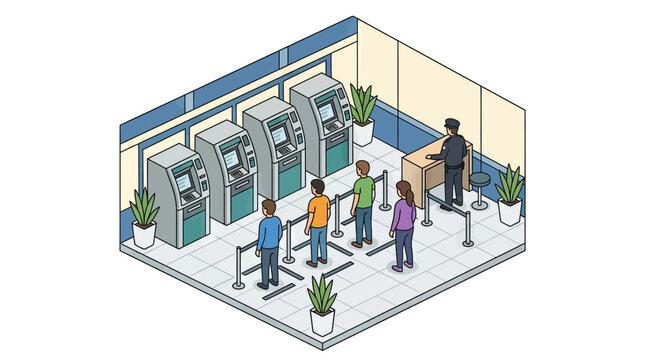 Isometric Bank Interior with Customers Queuing for ATM Machines