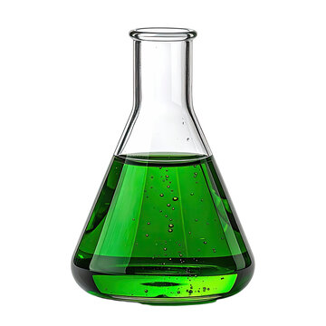 A laboratory flask filled with vibrant green liquid is presented against a stark black background.