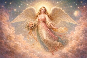 Obraz premium Ethereal angelic figure amidst clouds.