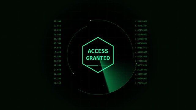 Futuristic digital interface showing access granted with radar scan