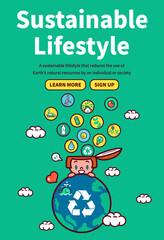 Fototapeta premium Vector of a cute girl opening her mind filled with green eco icons, hugging the planet Earth, for environmental campaign banners, sustainability web design, and eco-friendly educational materials.
