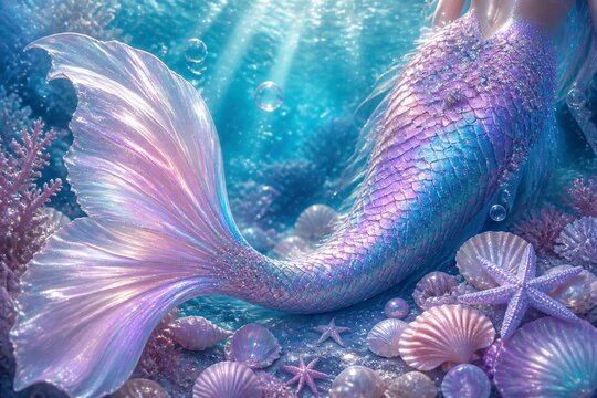 Iridescent mermaid tail resting among shells on ocean floor