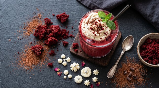 Red Velvet Iced Drink with Cocoa and Dessert Garnish
