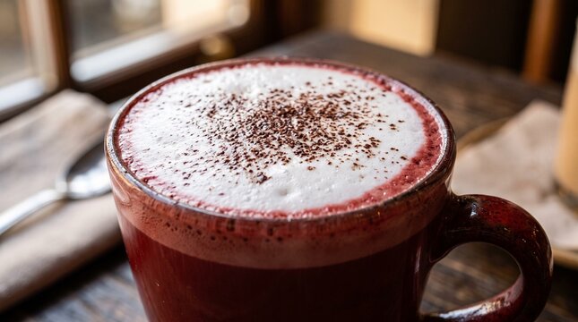Close Up Creamy Red Velvet Beverage with Cocoa Dusting