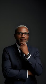 Middle-aged African American male professional wearing dark navy blazer and glasses, hand thoughtfully positioned near chin, contemplative expression against neutral background.