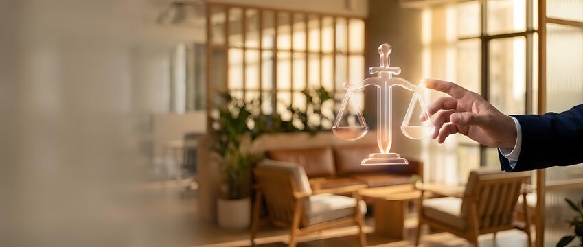 Lawyer holding glowing scales of justice hologram in modern office with wooden furniture and natural light, symbolizing legal services, law practice, and professional consultation.