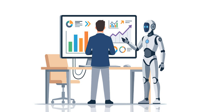 Businessman and humanoid robot analyzing data on large screen