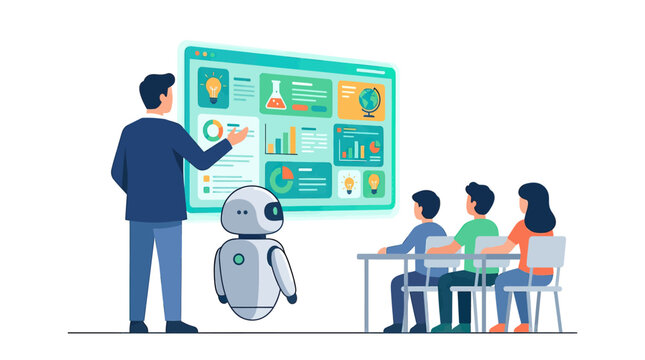 Teacher and AI robot presenting digital lesson to students