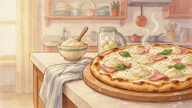 The national dish of Italian cuisine. 
Pizza Fiocco is a crispy flatbread stuffed with tender mashed potatoes, mozzarella, ham cotto and drops of cream cheese. A photo with a place for the text. 