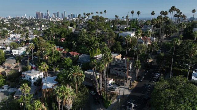 Los Angeles, California, USA - June 18, 2026: Palm trees of the Silver Lake neighborhood frame the downtown LA skyline.
