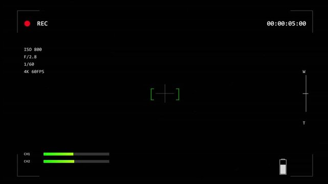 Video camera recording screen overlay with status indicators and focus