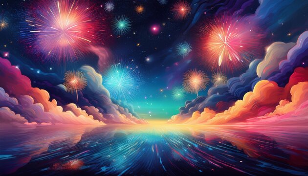 dreamlike outer space scene with colorful fireworks and starlight reflections