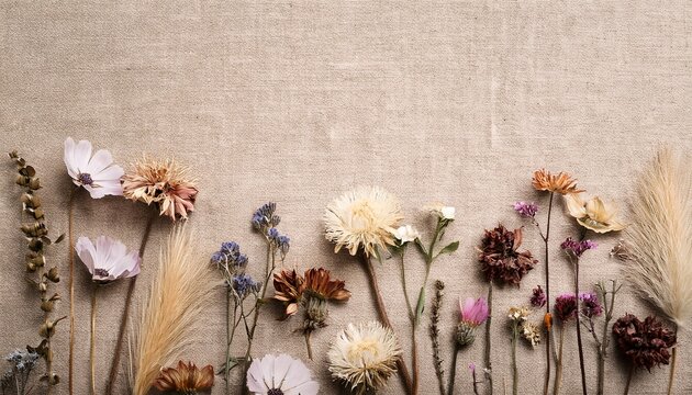 floral herbarium backdrop featuring dry flowers and copy space on vintage canvas
