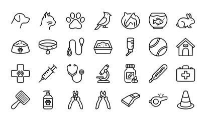 Naklejka premium Pet and veterinary line icons set dog cat paw vaccine pet care vector eps10